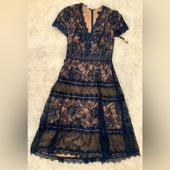 NEW Tadashi Shoji Beatrice Lace & Mesh Midi Cocktail Dress NAVY NUDE sz 12 - Picture 3 of 8